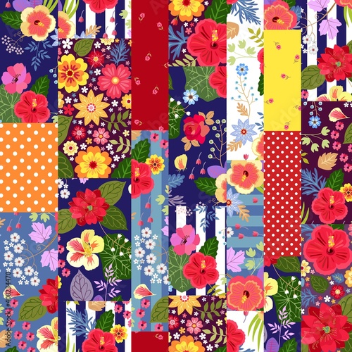Colorful seamless patchwork pattern with bright tropical flowers. Vector design. Print for fabric.