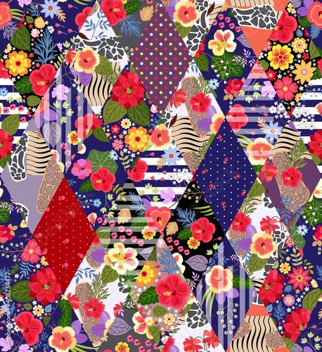 Colorful patchwork design with tropical flowers. Bright print for fabric. Vector seamless pattern.
