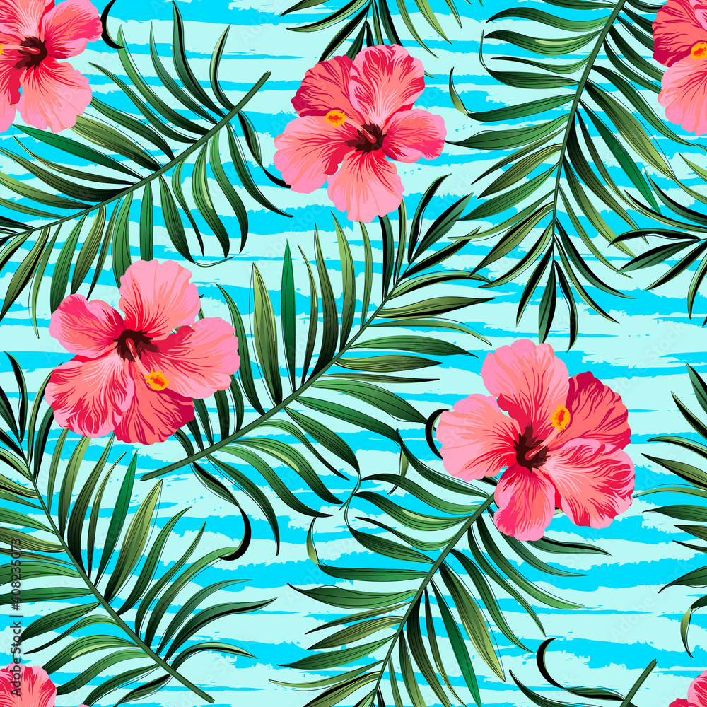 Fototapeta Vector tropical pattern with hibiscus flowers and exotic palm leaves. Trendy summer background. Summer floral illustration.