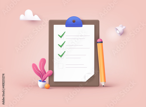 Checklist on a clipboard paper. Successful completion of business tasks. 3D Web Vector Illustrations.