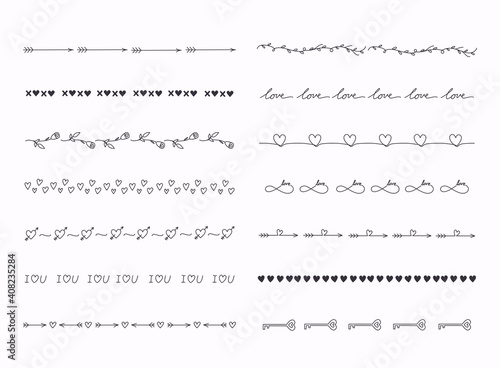 Big set of hand drawn line borders, scribble strokes and design elements isolated on white. Love theme.