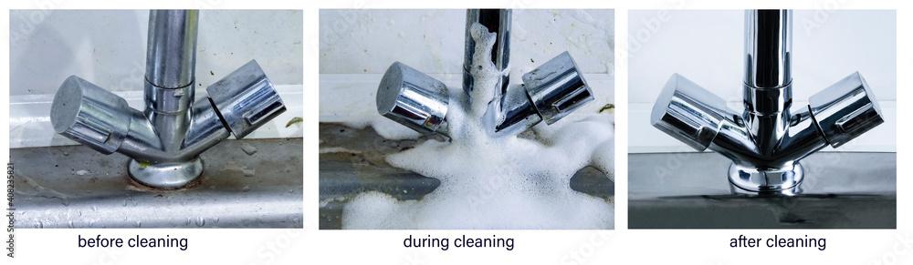 Before cleaning, during cleaning, after cleaning. The process of cleaning a dirty faucet before and after. An example of successful operation of cleaning chemicals, advertising of cleaning products, s Before cleaning, during cleaning, after cleaning. The process of cleaning a dirty faucet before and after. An example of successful operation of cleaning chemicals, advertising of cleaning products, s