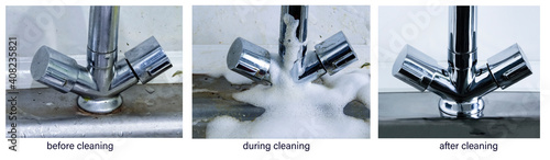 Before cleaning, during cleaning, after cleaning. The process of cleaning a dirty faucet before and after. An example of successful operation of cleaning chemicals, advertising of cleaning products, s