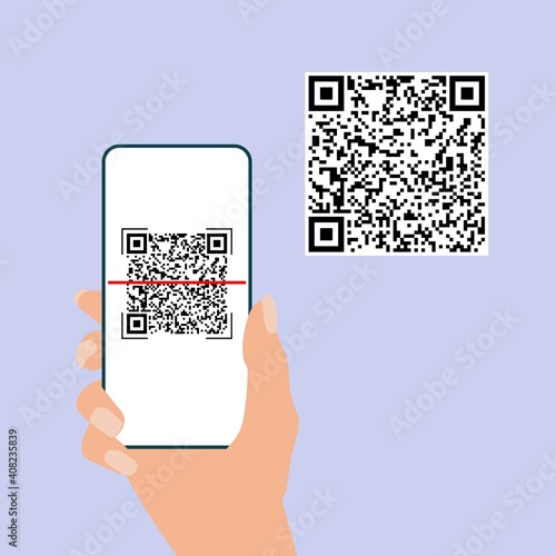 Qr code. Hand hold mobile phone scan qrcode. Camera scanning application