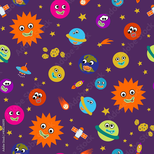 Solar system. Sun, planets, stars, rocket, satellite, UFO, comet, meteorite. Illustration for children.