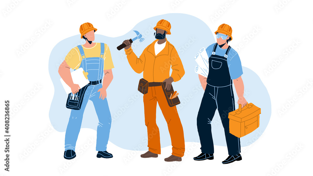 Builders With Building Equipment And Plan Vector Builders With Building Equipment And Plan Vector