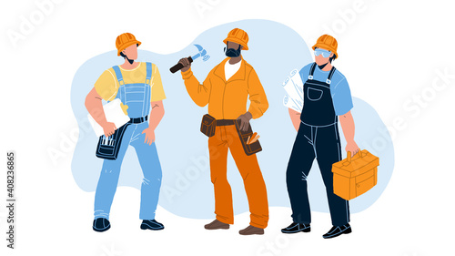 Builders With Building Equipment And Plan Vector