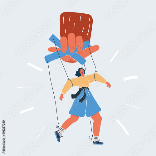 Vector illustration of Business woman marionette on ropes move by controlled hand on white background.