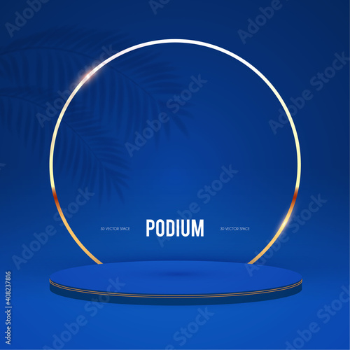 Elenagt 3D circle blue podium with gold elements. Realistic minimal empty scene. Showcase and shelf. Trendy empty stage.
