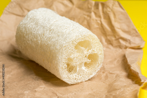 Foto Luffa sponge for zero waste dish washing or bath on a yellow background close-up