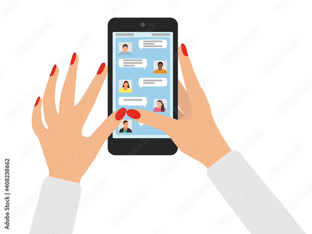 Female hands hold mobile phone and respond to messages. Virtual communication, correspondence, online chat. Beautiful hands of woman with manicure of red nail polish. Vector illustration