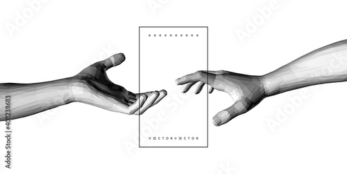 Hands reaching towards each other. Concept of human relation, togetherness or  partnership. 3D vector illustration. Can be used for advertising, marketing or presentation.