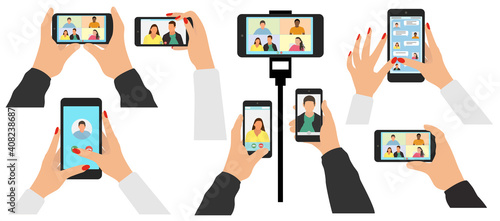 Human hand holds mobile phone, telephone on tripod, set. Screen of smartphone. Video call and online chat. Virtual communication via the Internet. Beautiful male and female hands. Vector illustration