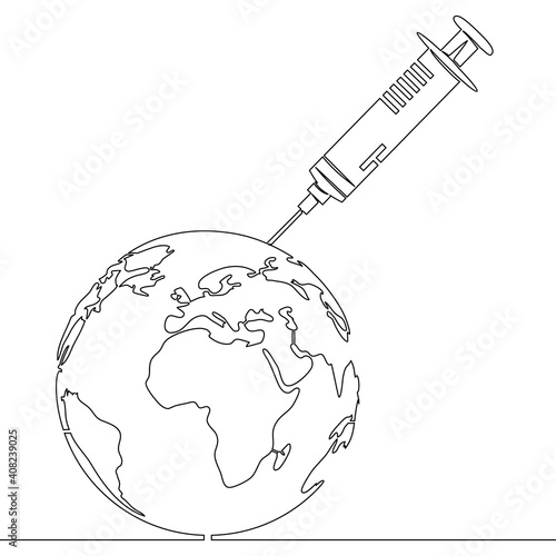 Continuous line drawing Syringe and planet vaccine