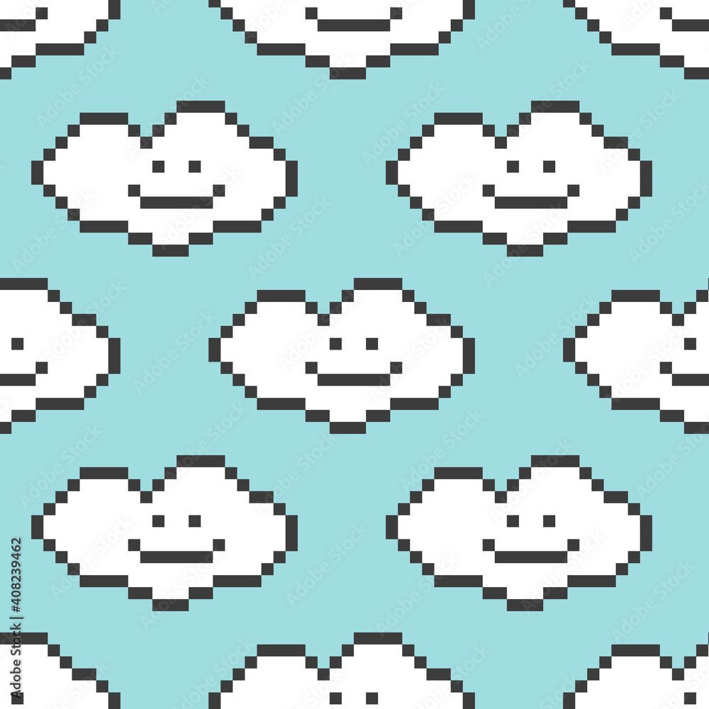 Fototapeta premium Vector seamless pattern background with cute and smiling pixel cloud characters.