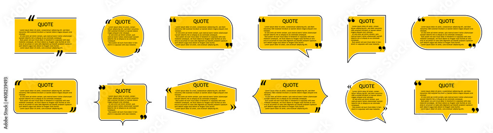 Quote of text in box. Quotation, comment, dialog with frame. Speech bubble in shapes with title, commas and borders. Template for memo and typography on design background. Banner of info. Vector - obrazy, fototapety, plakaty 