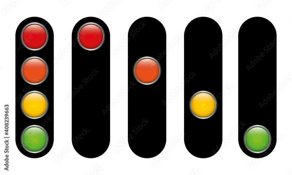 Traffic light with four colors green yellow orange red scale alert