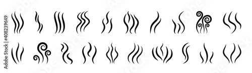 Smoke icons. Logo of steam, smell and aroma from grill and cooking. Vapor symbol from heat in line style. Odor from perfume. Graphic shapes of gas, flame, fume and water. Design illustration. Vector