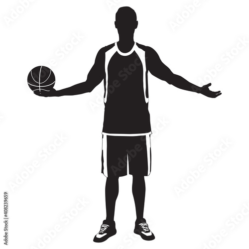 Professional basketball player silhouette standing with ball in hand, vector illustration