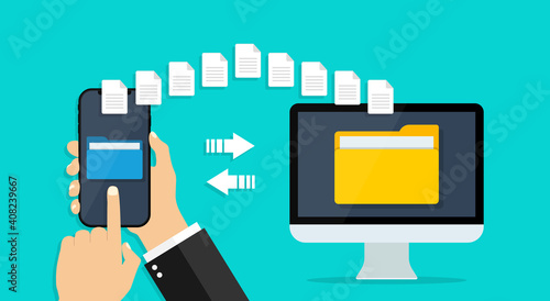 File transfer from phone to computer. Folder with data in cellphone. Send, backup, copy, share document for sharing. Icon of download and exchange of information in cloud online. Flying files. Vector