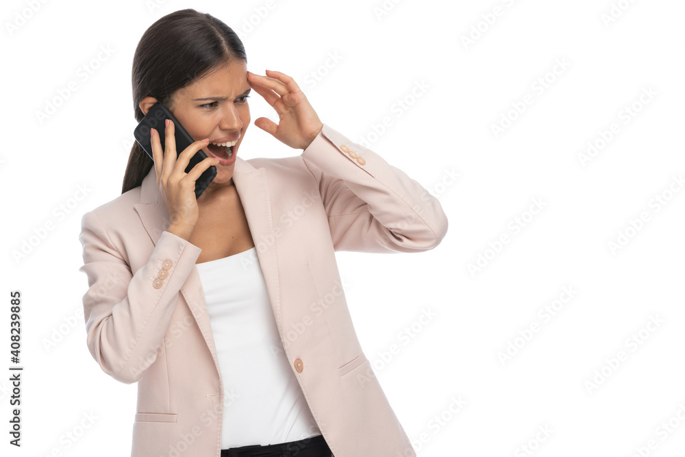 confident young female talking on the phone and looking to side confident young female talking on the phone and looking to side