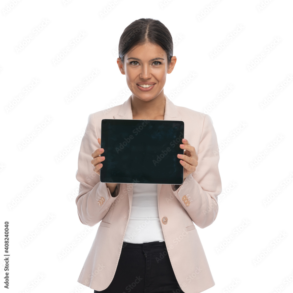 smart casual woman holding and presenting black empty screen smart casual woman holding and presenting black empty screen