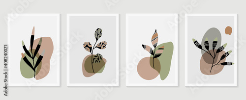 Botanical wall art vector set. Earth tone background foliage line art drawing with abstract shape and watercolor. Design for wall framed prints, canvas prints, poster, home decor, cover, wallpaper. © TWINS DESIGN STUDIO