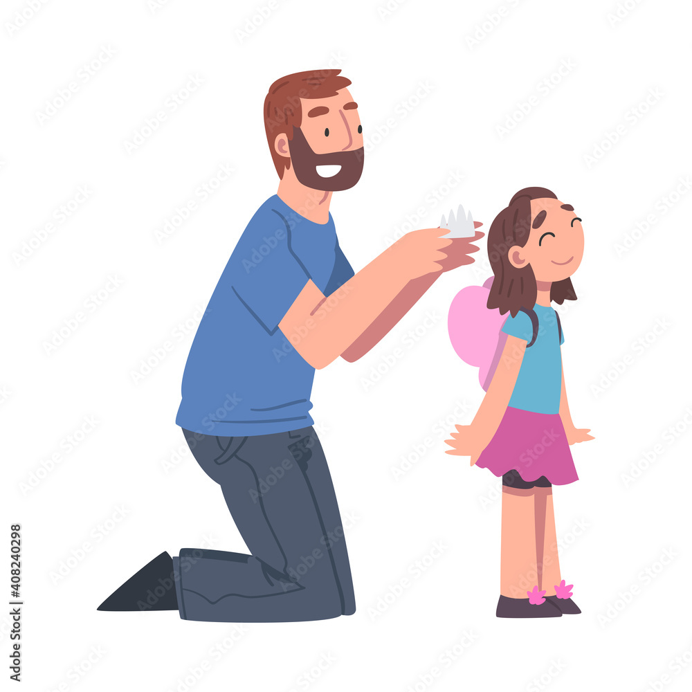 Bearded Dad Putting Crown on the Head of His Little Daughter Vector  Illustration Stock Vector