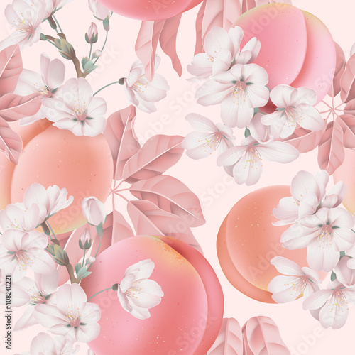 Fruit seamless pattern, pastel peaches and Somei Yoshino sakura on bright pink
