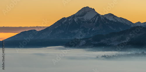 Mountain villages in a mountain valley immersed in the morning fog - Tatra Mountains, Poland