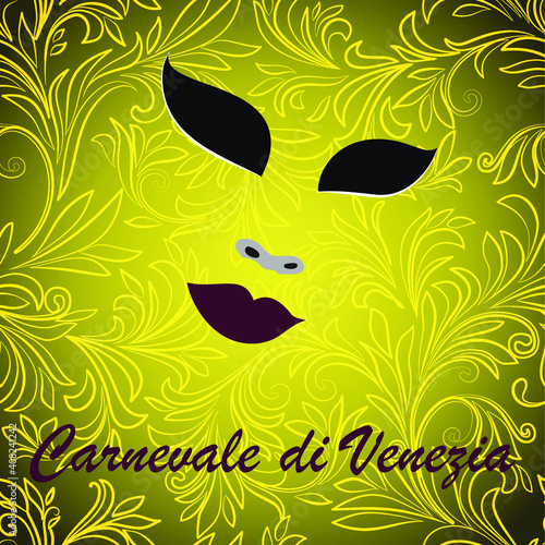Stylized carnival mask with openwork seamless background. Design for Venetian carnival invitation flyers. 