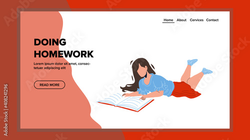 Doing Homework And Reading Literature Girl Vector