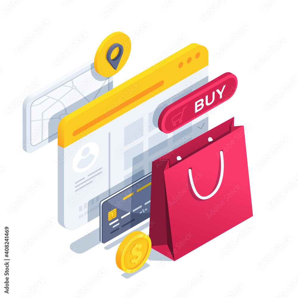 isometric vector illustration.. on a white background, a big red shopping bag and a credit card with a coin, online shopping isometric vector illustration.. on a white background, a big red shopping bag and a credit card with a coin, online shopping