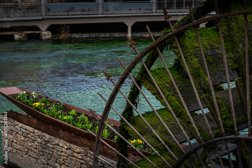 water wheel  In fontaine de vaulcuse    with the river sorgue in the background   provence France.