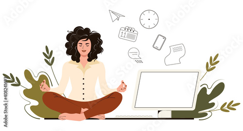 Businesswoman meditates in the office. Concept yoga, relax, trying to release stress at work. Vector illustration in flat cartoon style.