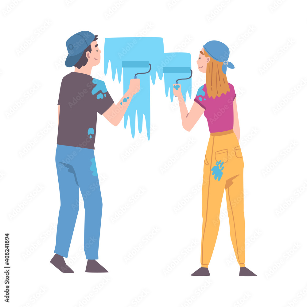 Man and Woman as Young Family Holding Paint Roller Coloring the Walls in Their Apartment Vector Illustration Man and Woman as Young Family Holding Paint Roller Coloring the Walls in Their Apartment Vector Illustration