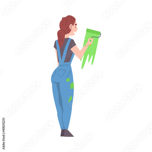 Female Coloring Wall with Paint Roller Vector Illustration