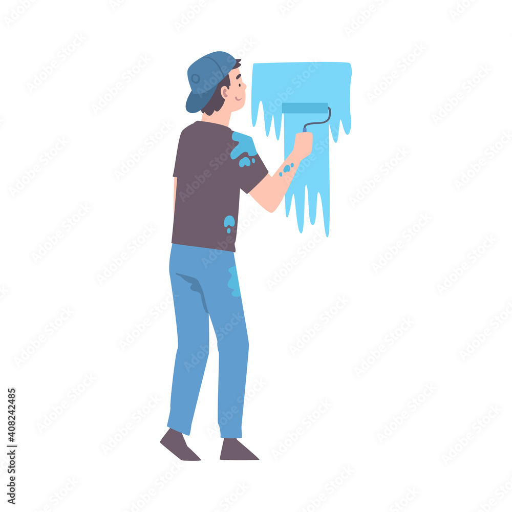 Male Coloring Wall with Paint Roller Vector Illustration