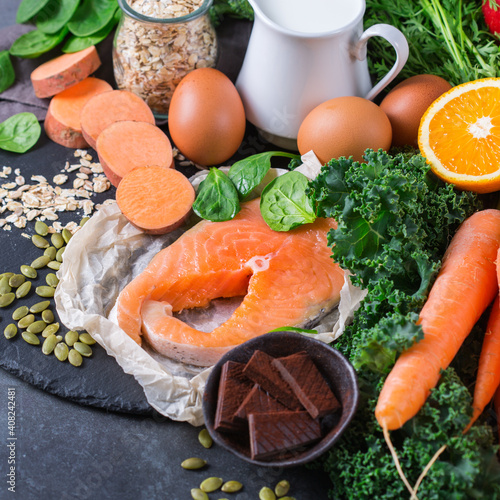 Fotografie Asthma, respiratory relieving food rich in vitamin d, beta-carotene, magnesium