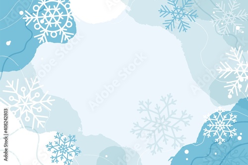 Abstract winter background with fluid organic shapes and snowflakes, pastel colors