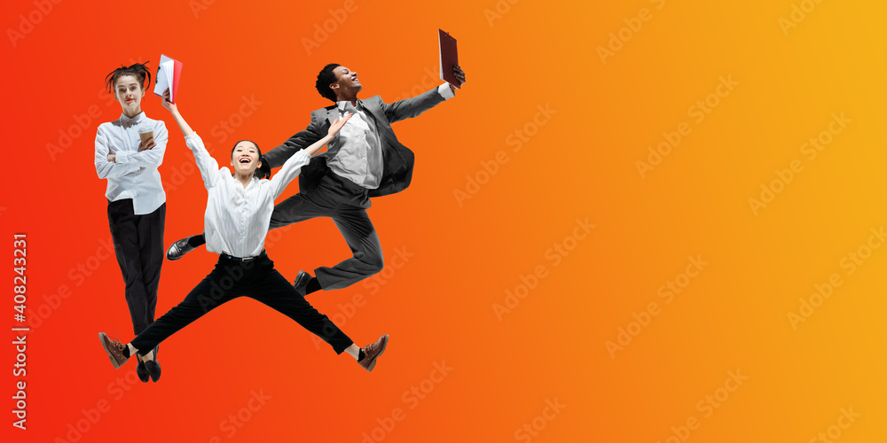 Juice. Happy office workers jumping and dancing in casual clothes or suit isolated on gradient neon fluid background. Business, start-up, working open-space, motion, action concept. Creative collage.
