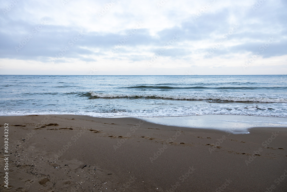 winter landscape from the beach on the Baltic Sea with snow in Poland in Jastrzębia Góra.