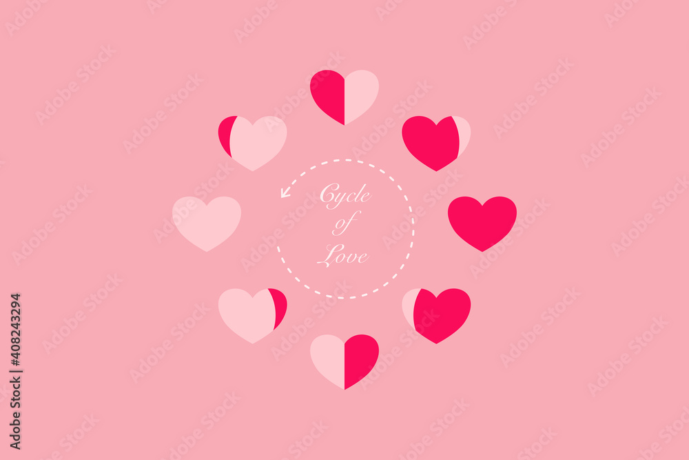Valentine concept card: Love recycle heart symbols have the step of increasing  and decreasing red color in the circle loop on pink background
