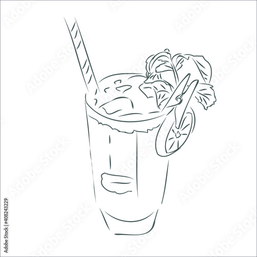 black and white cocktail with basil and lemon. alcoholic cocktail, non-alcoholic cocktail. a glass with a drink. bar. vector eps 10