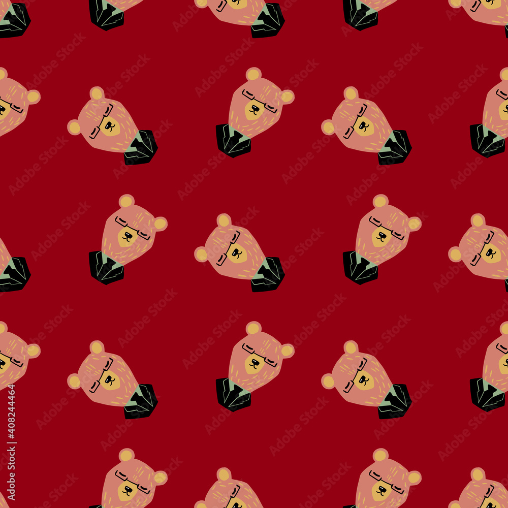 Fototapeta premium Hand drawn cute animal seamless pattern with bear in tuxedo print. Dark red background. Simple design.
