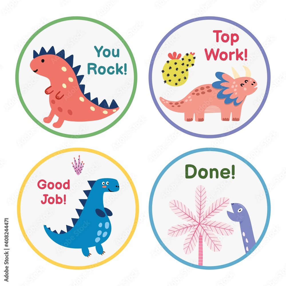 Reward stickers collection with cute dinosaurs. Teachers award badges with funny dinos. Labels for chore chart and planner. Vector illustration