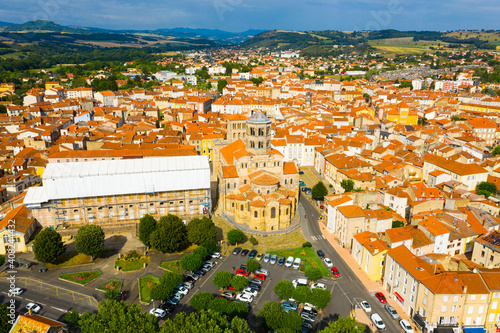 Panoramic view from above on the city Issoire and abbey of Saint Ostremuane . France