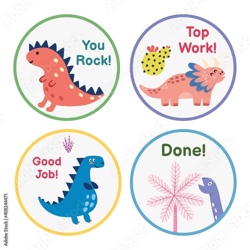 Reward stickers collection with cute dinosaurs. Teachers award badges with funny dinos. Labels for chore chart and planner. Vector illustration