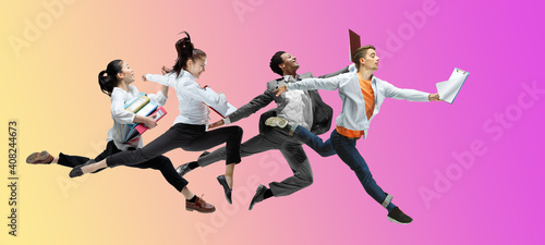 Career. Happy office workers jumping and dancing in casual clothes or suit isolated on gradient neon fluid background. Business, start-up, working open-space, motion, action concept. Creative collage.