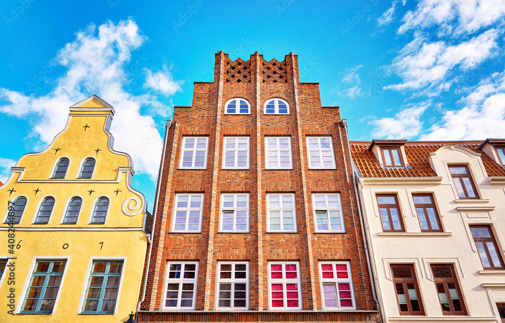 Beautiful colorful old gabled house facades in the old town of Wismar.